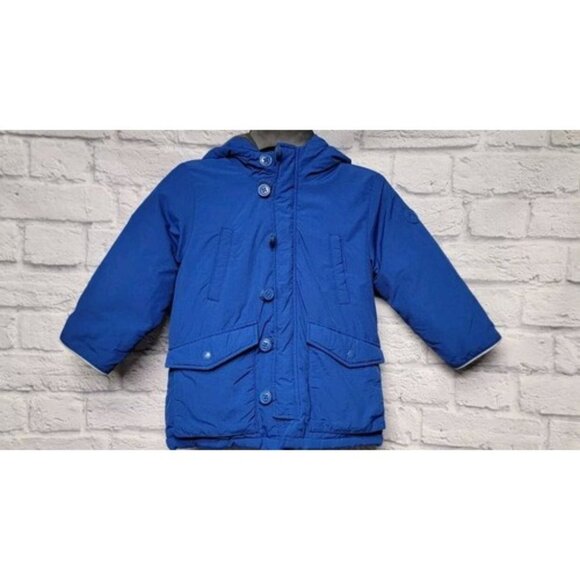 BABY GAP BOYS 3 YEARS BLUE GRAY HOODED ZIP BUTTON POCKETS WINTER SNOW COAT - Picture 2 of 16